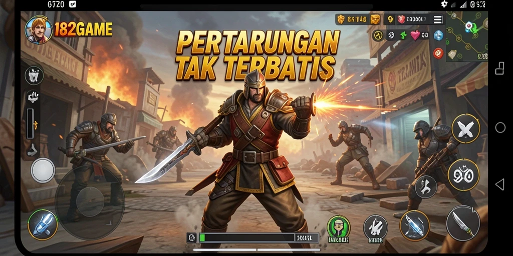 Screenshot utama 182GAME menampilkan aksi pertarungan yang intens dan seru.