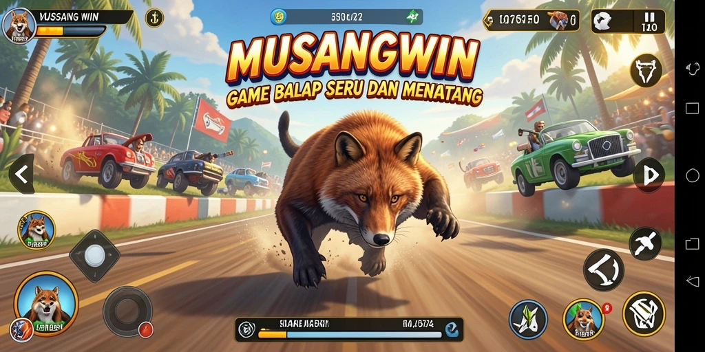 Screenshot utama MUSANGWIN menampilkan aksi balap yang mendebarkan.