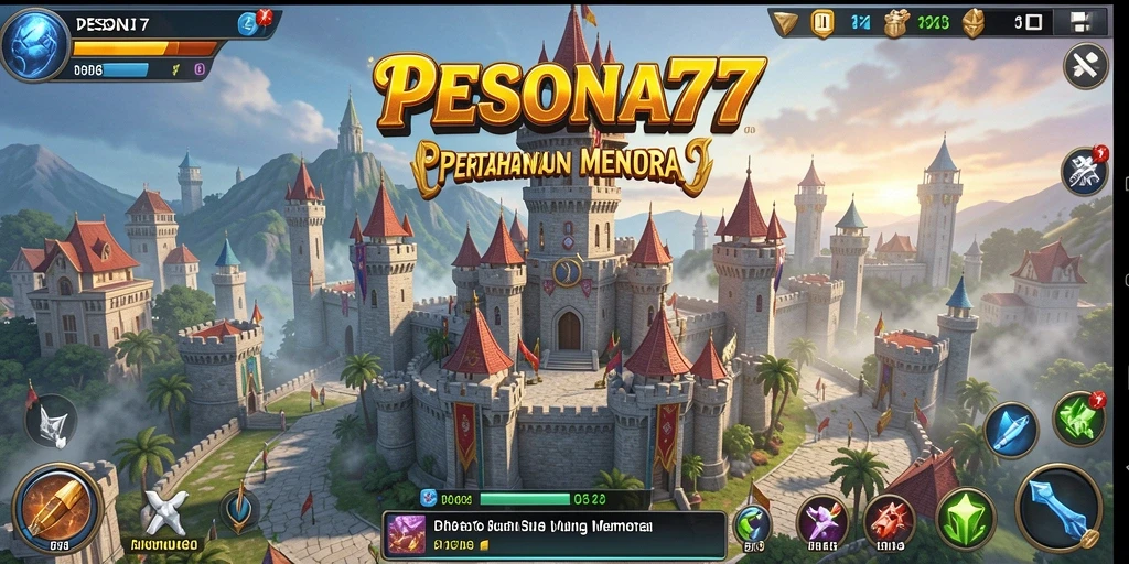 Tampilan gameplay PESONA77 menunjukkan aksi menara melawan gelombang musuh.